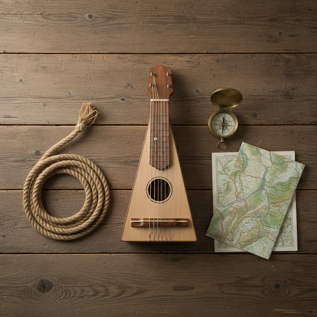 A minimalist, overhead photographic view of a weathered pine tabletop arranged with objects of folkmusic and outdoor life: a compact wooden travel dulcimer, a small brass compass with a gently tarnished lid, a folded topo map showing winding river lines, and a coil of natural fiber rope. The dulcimer’s strings catch soft morning light from an unseen nearby window, creating fine linear reflections, while the map’s surface shows subtle creases and muted earth-tone colors. Shadows are soft and controlled, suggesting an overcast sky or diffused studio lighting. The composition uses calm negative space and precise alignment, with sharp focus across the frame, crafting a sophisticated yet understated visual story about hand-built music, navigation, and adventure near rivers and lakes.