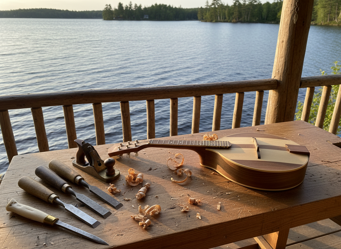A finely crafted wooden workbench on a lakeside cabin porch, its surface covered with delicate curly wood shavings and a partially carved folk mandolin body made from pale maple and rich walnut. Several well-worn hand tools—chisels, a small brass plane, a bone-handled knife—rest neatly to one side. Beyond the porch railing, deep blue water ripples gently, catching streaks of late afternoon golden light. The scene is photographed in warm, low-angle sunlight that emphasizes wood grain and tool patina, casting elongated, gentle shadows. Captured from a slightly elevated angle with balanced, asymmetrical framing, the focus falls sharply on the instrument and tools while the water and distant tree line soften into a tasteful bokeh, conveying a sophisticated yet rustic atmosphere of patient, handmade craftsmanship by the water.