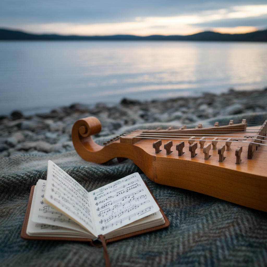 A close-up of a traditional wooden nyckelharpa’s carved headstock and keys resting on a thick wool blanket atop smooth waterside rocks. The instrument’s warm amber varnish reveals intricate wood grain, while the keys show slight wear on their edges. Next to it, a small leather-bound notebook lies open, its creamy pages filled with faint handwritten music notation, fluttering slightly in a gentle breeze. The scene is bathed in cool, diffused evening light as the sun dips behind distant hills, giving the lake a slate-blue sheen. Photographic realism with a low, intimate camera angle and shallow depth of field keeps the nyckelharpa crisply detailed as the shoreline and water dissolve softly, creating a reflective, poetic mood that suggests quiet composition time close to water.