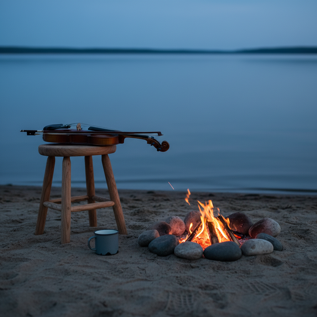 A small campfire ring of rounded riverside stones glows gently on a sandy shore at blue hour, with a hand-built wooden frame stool standing nearby. Resting across the stool is a slender, dark-stained fiddle, its fine curves reflecting the fire’s orange flicker. A simple enamel mug sits on the sand, catching both firelight and the faint cool reflection of the nearby water. The lake itself is a smooth, deep indigo plane disappearing into soft darkness. Photographic realism with a low-angle composition that keeps the fiddle and flames in sharp focus while the water recedes into a velvety blur. The interplay of warm firelight and cool ambient twilight creates a contemplative, intimate atmosphere of handmade music on the water’s edge.